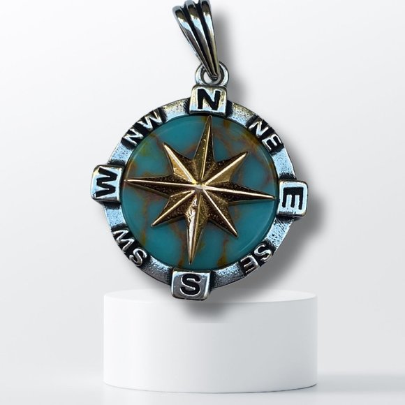 Stunning Gold Northstar Compass Pendant w/ Turquoise Accent - Unisex 925 Sterlin - Picture 5 of 8